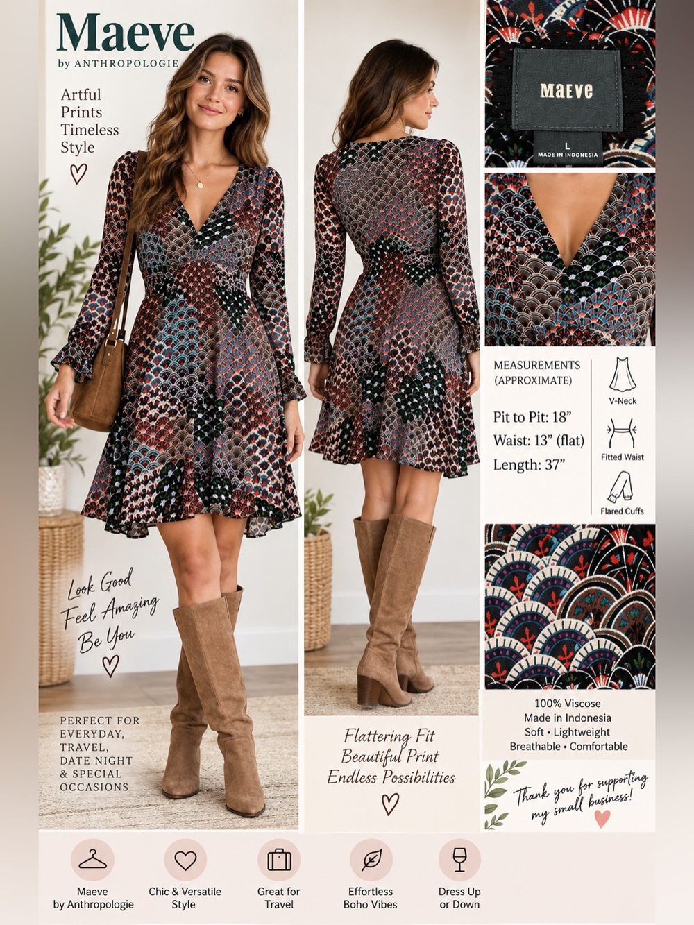 Maeve Anthropologie Multicolor Geometric Print V-Neck Dress Women’s L